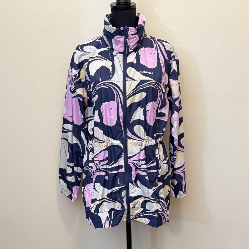 Columbia Womens S Windbreaker Jacket Navy Pink Swirl Stowe Hood Gorpcore Hiking